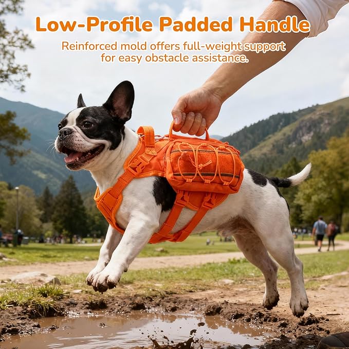 Large Dog Harness Backpack, No Pull Adjustable Dog Vest with Handle & Leash Ring, Lightweight Dog Backpack with Side Pockets for Walking, Training & Day Hikes, Orange, L