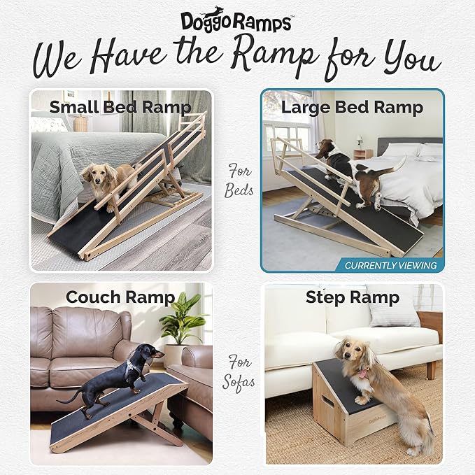 Large Dog Ramp for Bed, by DoggoRamps – Extra Wide Dog Ramp for Large Dogs to Get on High Beds up to 35" Tall – Wide Ramp with Rails, Platform & Non-Slip Grip – Made in N America from Solid Hardwood