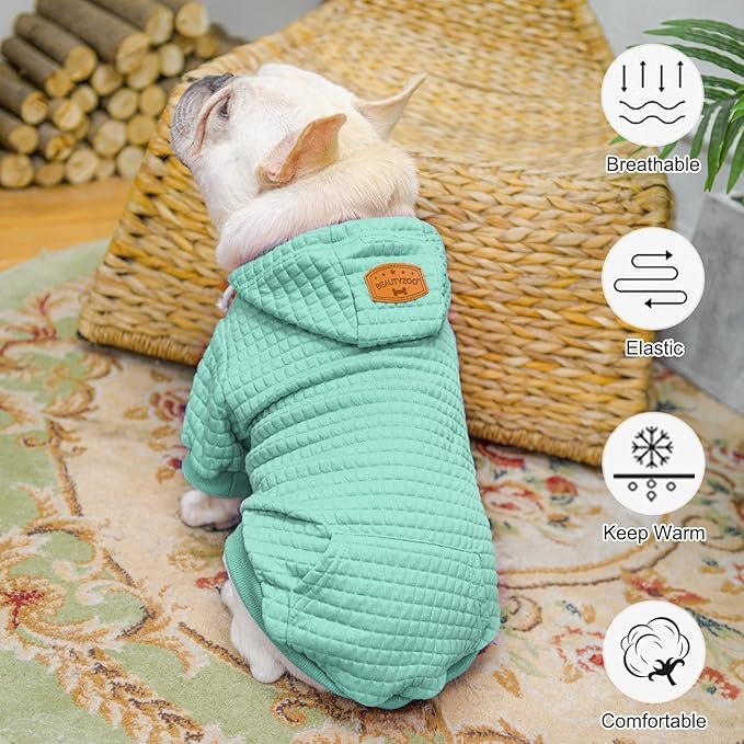 BEAUTYZOO Small Dog Hoodie Sweater with Pockets, Dog Clothes for Small Medium Dogs Boy Girl, Waffle-Like Laminated Cotton Pet Coats with Hat and Leash Hole, Mint Green SM