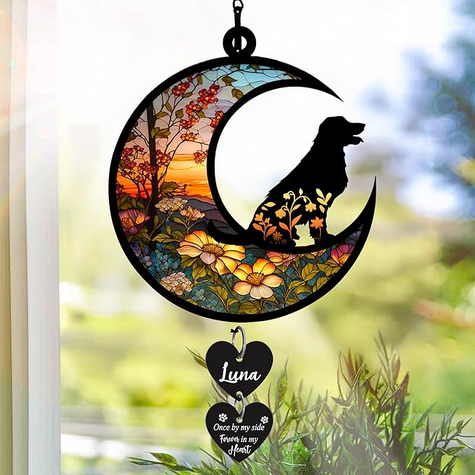 NAZENTI Personalized Dog Memorial Suncatcher, Loss of Pets Hanging Ornament, Custom Dogs Remembrance Gifts, Sympathy Gift, Bereavement Gifts Dogs, Dog Wind Chimes Memorial, Pet Owner