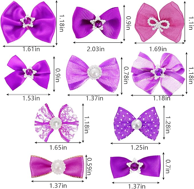 20 PCS Cute Dog Hair Bows with Rubber Bands Elastic Handmade Mix Style Lace Rhinestone Pearls for Furry Puppy Cat Pet Girl, Dark Purple
