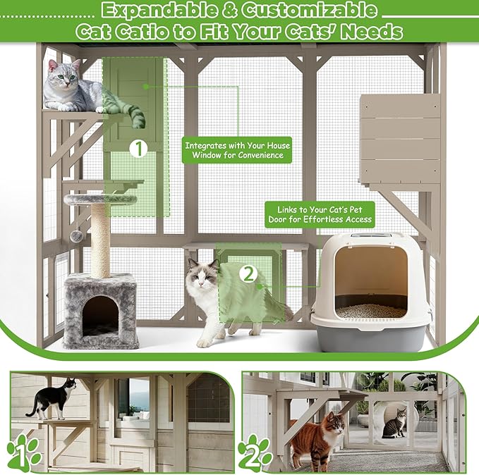 PetsCosset Catio Outdoor Cat Enclosures 4 Story Large Cat's House for Indoor Outdoor Window Catio Wooden Outside Kitty Patio with Resting Room,Waterproof Roof,Jumping Playforms (47" H Cat Catio)