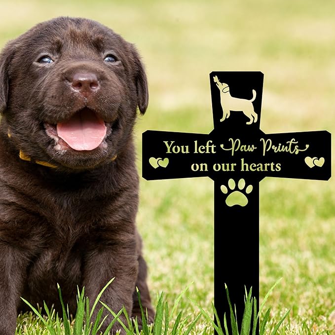 Metal Pet Memorial Garden Decoration – Dog Grave Cross for Outdoor or Indoor Display, Weatherproof Headstone Plaque for Loss of Beloved Pet, 12in Graveyard Tribute Sign