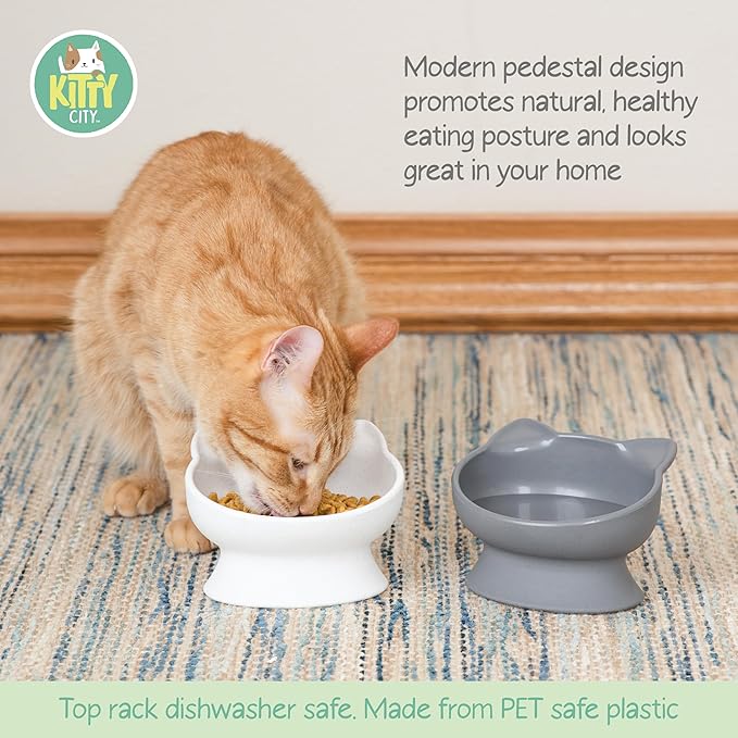 Kitty City Elevated Cat Bowls (Set of 2), Whisker-Friendly Raised Cat Food & Water Dishes, Modern Pedestal Design, Dishwasher Safe, 6.5 oz Each – White & Gray