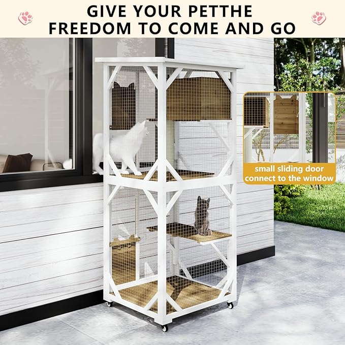 LEMBERI 71" Cat House Outdoor Catio Cat Enclosures on Wheels, Large Outside Patio Wooden Cat Cage Resting Box,Scratching Post, Waterproof Roof (White)