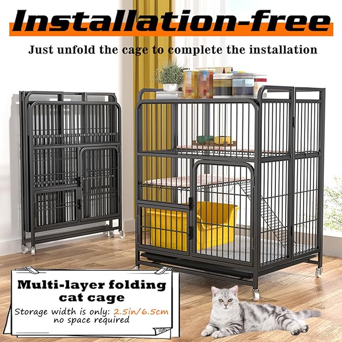 Multi-Tier Collapsible Cat Cage Crate, cat playpen for Indoor with 360° Wheels, Metal Wire Cat Kennel with Secure Lock, Large Ferret Playpen for Adult Cats Kitten Chinchilla (Black 3-Tier)