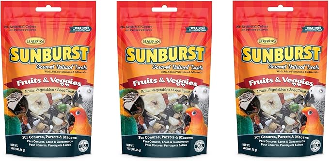 Higgins 3 Pack of Sunburst Gourmet Natural Bird Treats, 5 Ounces Each, Fruits and Veggies Flavor, for Conures Parrots and Macaws