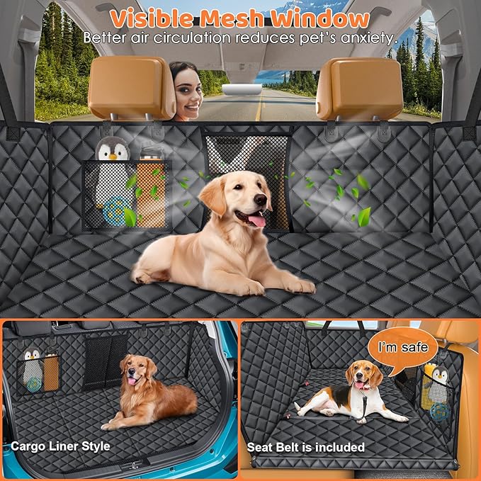 URPOWER XL Dog Backseat Extender for Full-Size Crew Cab Truck, Hard Bottom Dog Car Seat Cover for Back Seat Holds 400lbs, Waterproof Dog Hammock Pet Rear Seat Protector Travel Bed for F150 / Silverado