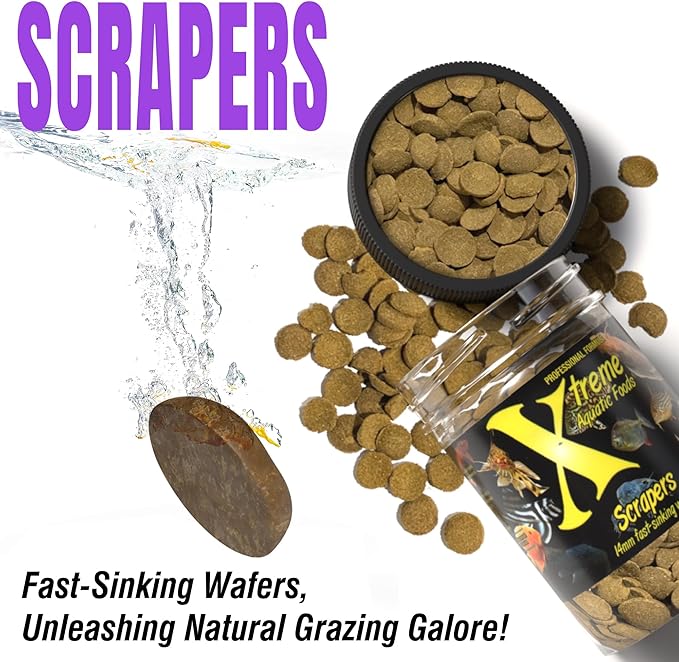 Xtreme Scrapers Wafers - Premium 14mm Fast-Sinking Fish Food – Nutrient & Cellulose Rich Ideal for Nocturnal Feeders, Catfish, Plecostomus Species, and Loaches – USA Farm Grown (5oz)