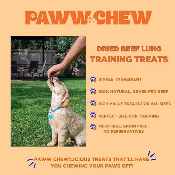 PAWW CHEW Beef Lung Dog Treats - 100% Natural, Single Ingredient, (1 Pound) Made in The USA, Dried & Dehydrated, High Protein, High Value Dog Training Treats, Grain Free, Low-Odor Free for All Breeds