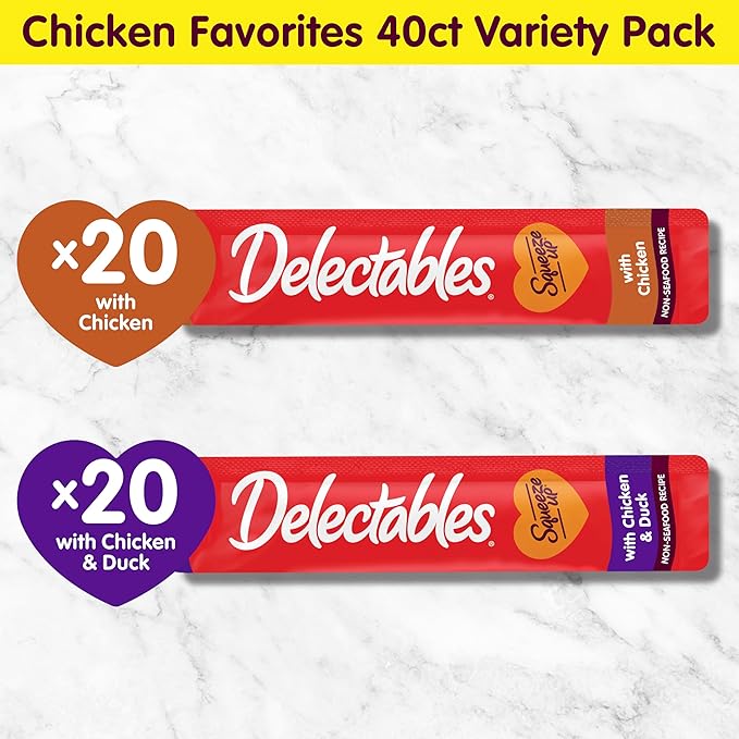 Delectables Squeeze Up Non-Seafood Chicken Variety Pack, Creamy Squeezable Puree, Lickable Wet Cat Treats, Grain-Free, No Added Fillers, 0.5 Ounces Tube, 40 Tubes Total