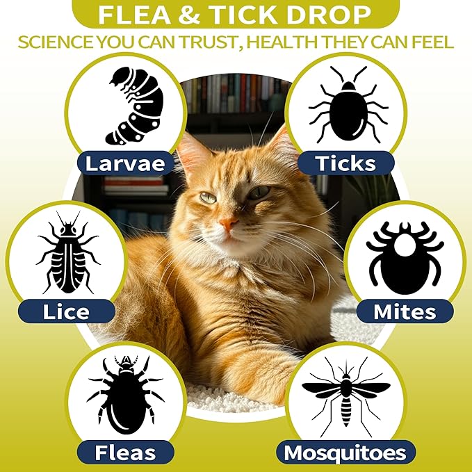 Flea and Tick Prevention for Cats, Pets Oral Natural Supplement Drops with Multivitamin Support for All Breeds and Ages