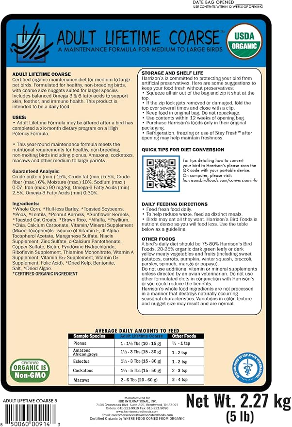 Harrison's Bird Foods Adult Lifetime Coarse Certified Organic Non-GMO Daily Maintenance Formula for Medium to Large Birds, Parrots, Cockatoos, Macaws etc, Suitable for All Life Stages 2.27kg/ 5lb