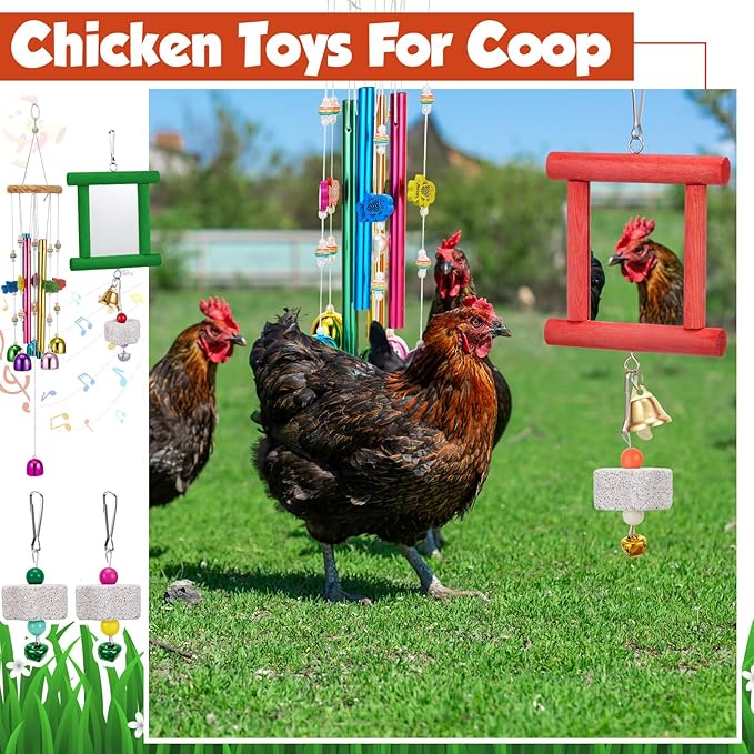 7 Pcs Chicken Toys, Hanging Chicken Wind Chime, 2 Pcs Coop Mirror Toys with Bells 4 Pack Beak Grinding Stones, Musical Coop Accessories for Hen Rooster Chick Poultry Bird(Rose Red, Green)
