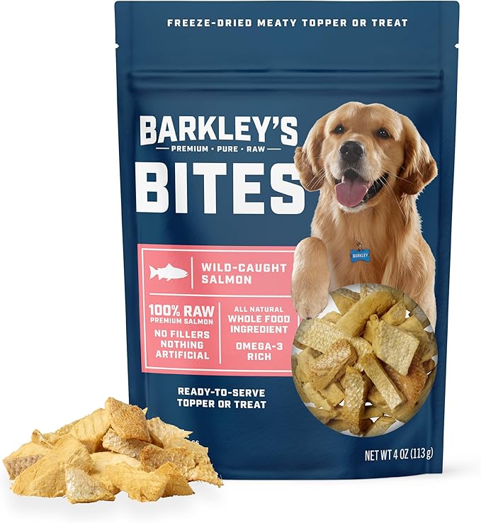 Barkley’s Bag Salmon Bites, Freeze Dried Dog Treats and Food Topper, Protein Packed, Made with Wild-Caught Salmon, Bite-Sized Whole Pieces for Training Rewards, American Made Dog Snacks, 4 Oz Bag