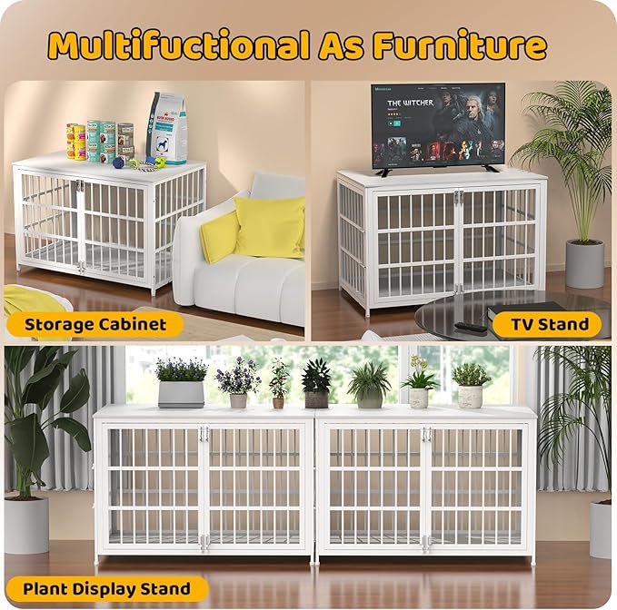 Heavy Duty Dog Crate Furniture – Indestructible Furniture Style Dog Kennel with Wooden Table Top, Escape-Proof Crate for High Anxiety Dogs, Decorative Indoor Pet House with Double Doors & Secure Locks