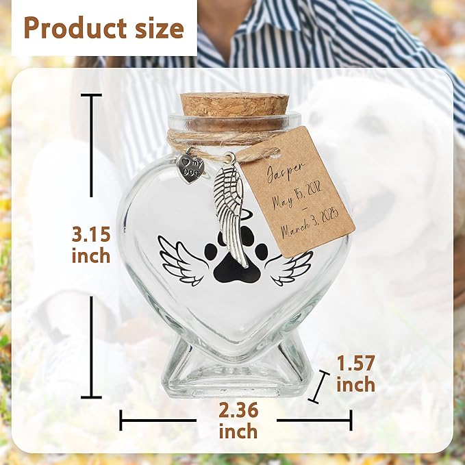 Pet Memorial Gift for Loss of Dog or Cat, Heart Shape Glass Jar & Bottle for Fur, Hair, Whiskers or Ashes Keepsake Urn with Cork Top, Charms for Cute Rainbow Bridge Memorial, Dog