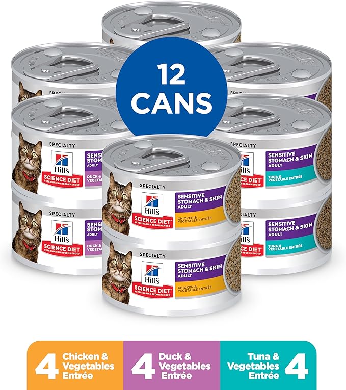 Hill's Science Diet Adult 1-6 Sensitive Stomach & Sensitive Skin Wet Cat Food, Variety Pack: Chicken, Tuna, & Duck, 2.9 oz. Cans, 12-Pack