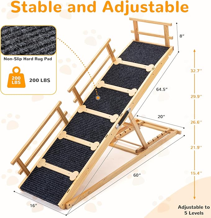 COSIEST Dog ramp for Bed and Couch, Wooden Pet Ramp Folding Portable for Couch and Bed, 64.5 Inch Long and Height Adjustable Dog ramp with Anti-Slip Grip & Safety Rails, Up to 200lbs, Wood