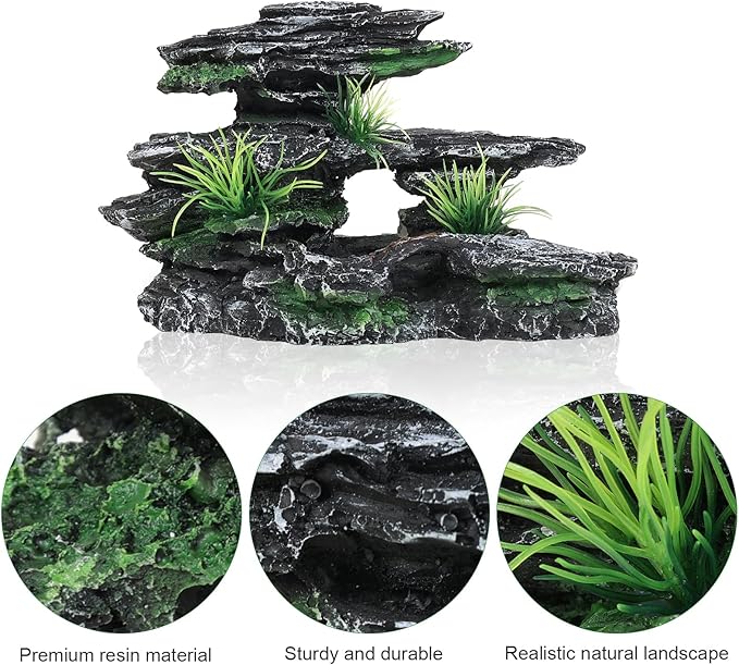 Aquarium Decor Mountain View Stone Ornament, Premium Landscape Fish Tank Decorations, Fish Tank Accessories, Ideal for Betta, Snails, Turtle, Hiding, Playing, Basking and Resting Spots