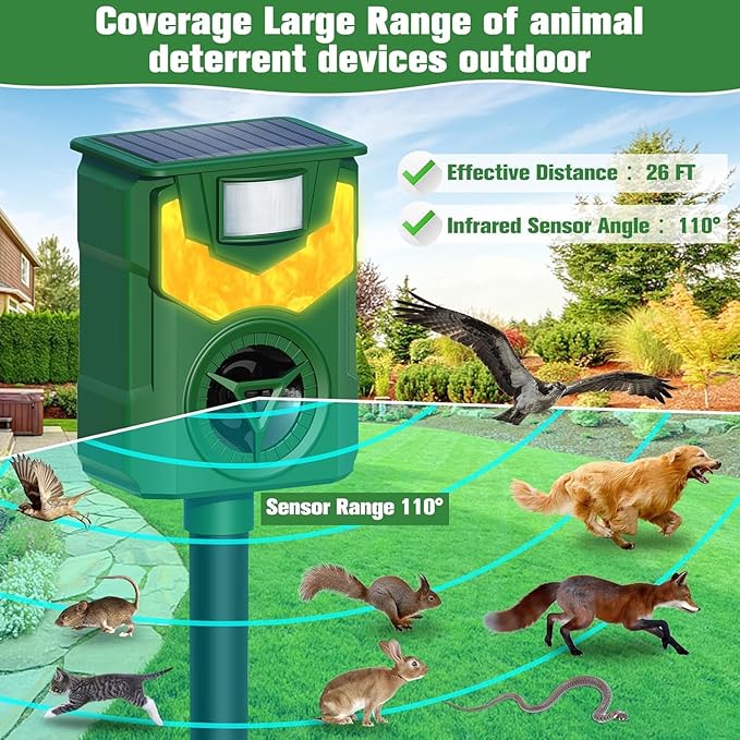 Solar Animal Repeller Outdoor,2025 Upgrade Ultrasonic Animal Repeller,Cat Repellent Outdoor,Squirrel Repellent with Motion Sensor & Flame Light,Waterproof Raccoon Repellent Devices,Repel,Deer,Rabbit