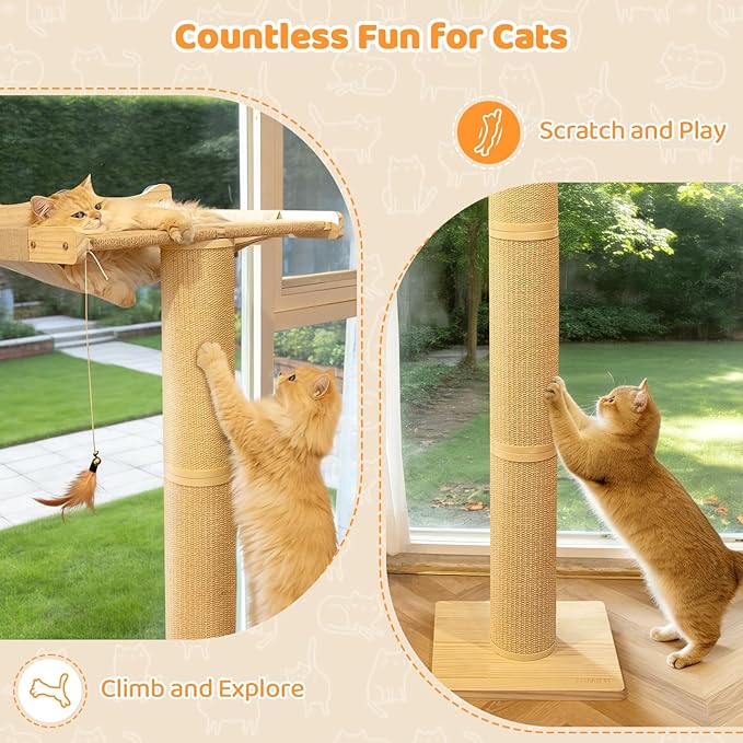 54.3" Cat Window Perch with 3 Adjustable Roman Column Sisal Scratching Posts, Drill-Free Suction Cups, Multi-Level Perch for Climbing & Bird Watching, 60 lbs Capacity