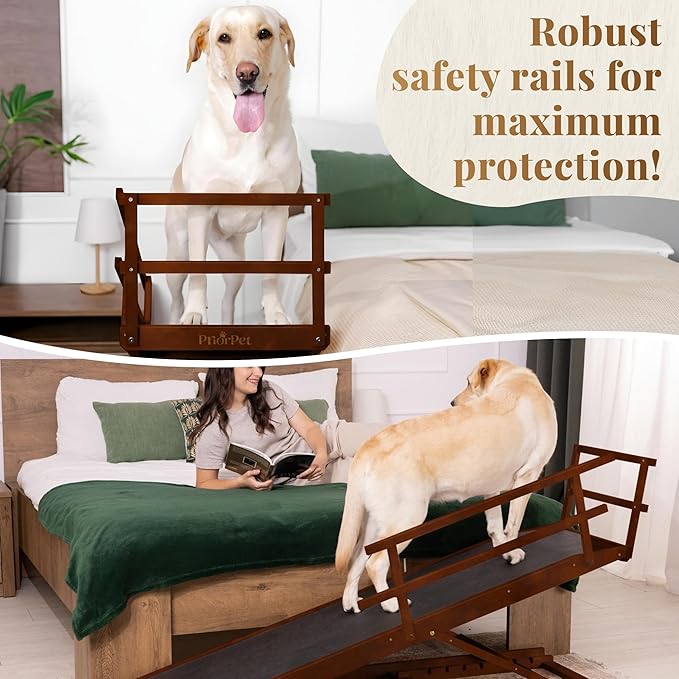 Dog Ramp for Bed with Safety Rails for High Beds up to 37" – Extra Wide 19.5" Adjustable Dog Bed Ramp for Large Dogs up to 200 lbs – Solid Birchwood, Non-Slip Rubber Surface, Foldable Design – Walnut