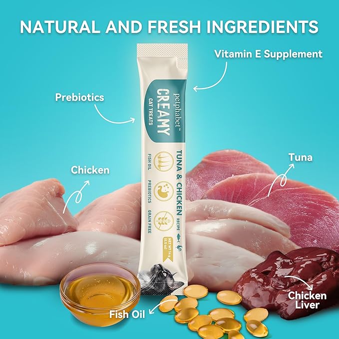 PETPHABET Lickable Cat Treats Squeeze, Creamy Puree Squeezable Wet Kitten Treats, Tuna & Chicken Recipe 20 Tubes, Paste Snacks for Skin & Coat Health, Digestive Care, High Protein, Grain Free
