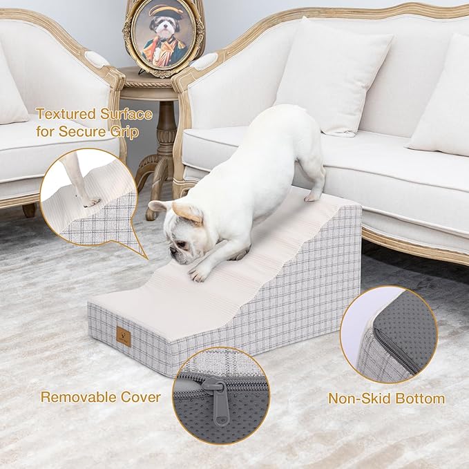 Pets Ramp for High Beds, Small Dogs & Senior Cats - Non-Slip Texture & Machine Washable Cover - Supportive Foam for Joint Comfort, Easy Climb for Couch, Sofa, Furniture (Beige)
