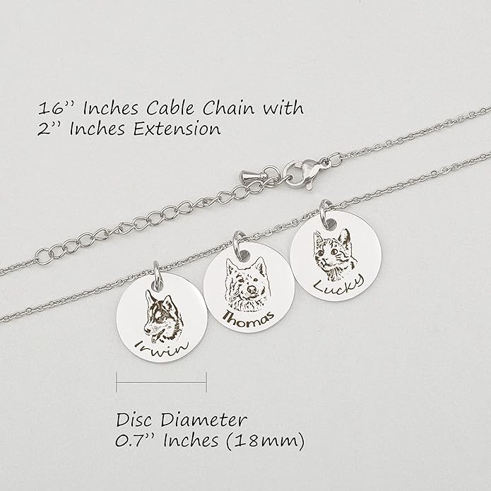 Anavia Personalized Pet Portrait Necklace, Handmade Memorial Jewelry Gift, Custom Round Disc Photo Engraved Necklace for Animal Lovers, Dog Mom, Dog Dad