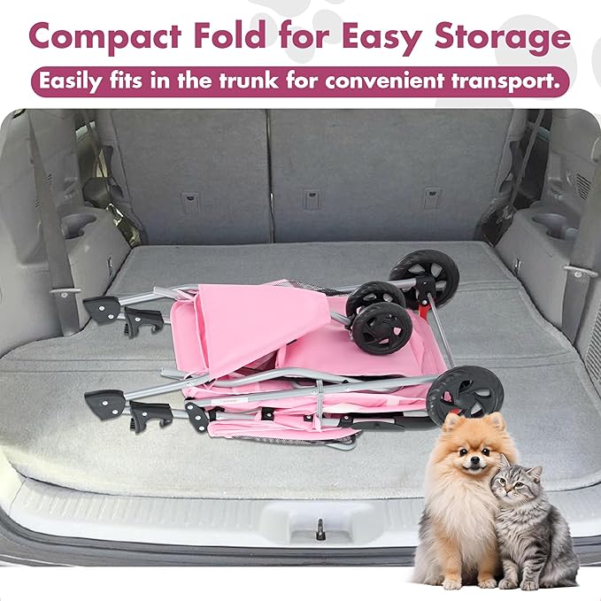 Sweetcrispy 3 Wheels Pet Stroller for Small Dogs and Cats – Foldable Dog Stroller with Mesh Windows, Storage Basket & Cup Holder, Lightweight & Durable Pet Carrier for Travel, Outdoor Use, Pink