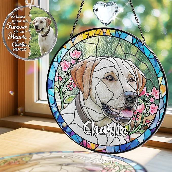 Personalized Pet Stained Glass Window Hanging, Dog Memorial Suncatcher Picture, Sympathy Gift for Loss of Pet, Cat Bereavement Keepsake Portrait Photo, Remembrance Gift for Dog Lovers