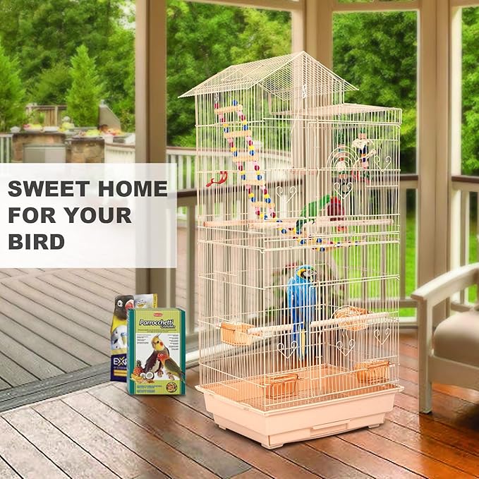 HCY Bird Cage 39 Inch Bird Cages for Parakeets Roof Top Large Flight Parrot Cage with Toys for Small Medium Birds,Cockatiel,Parakeets,Parrot,Lovebirds,Finch,Canary Bird Cage(Almond), 17''Lx13''W''39H