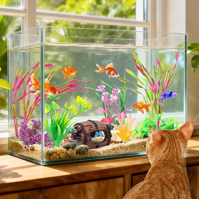 Small Fish Broken Barrel Decor Fish Tank Decorations Aquarium Accessories Plants Plastic Resin Barrel and Coral Hideout Ornaments Aquarium Decor Set 8 Pieces