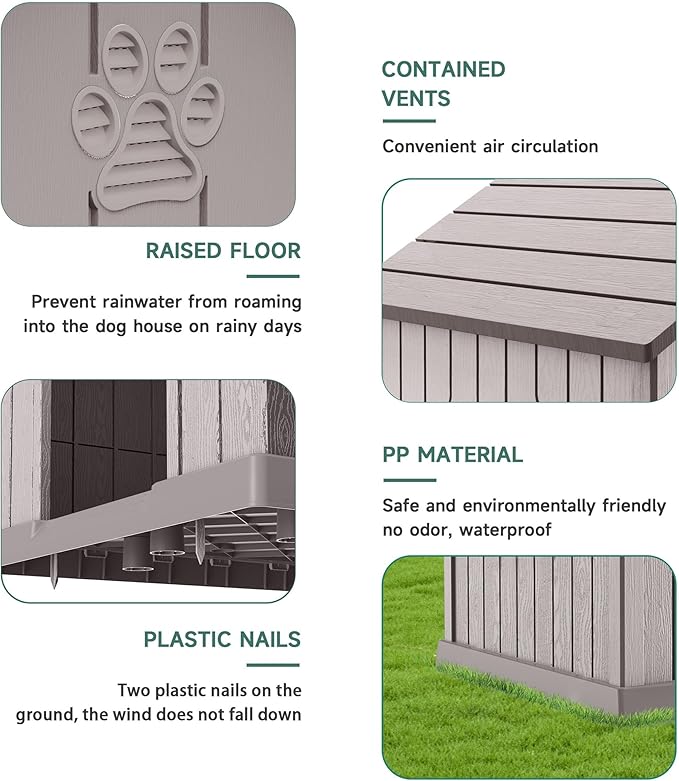 DRATO Large Dog House Indoor Outdoor Waterproof,Puppy Shelter with Air Vents and Elevated Floor,Sturdy Dog Kennel for Small to Large Sized Dogs, Easy to Assemble (Grey, 38.62×36.26×38.07 Inches)
