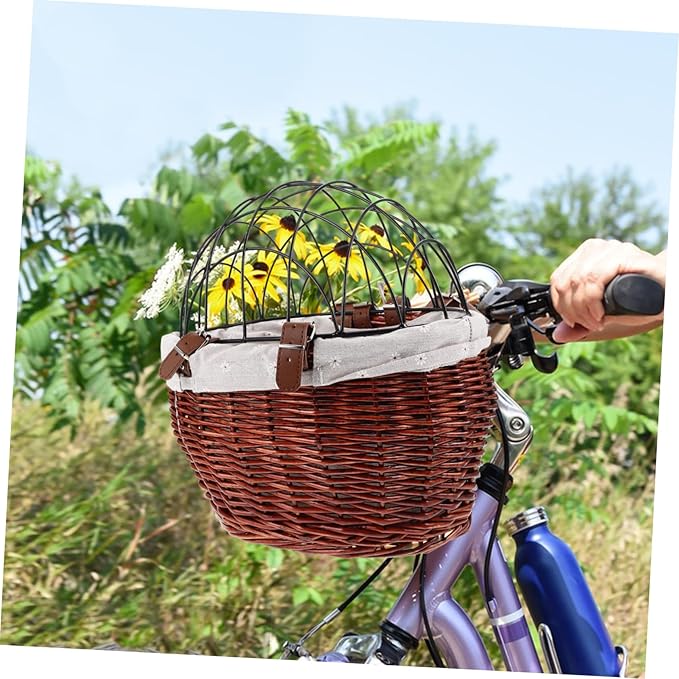 Wicker Dog Bicycle Carrier Detachable Front Bike Basket for Pets Stylish Rattan Storage with Wire Mesh Cover for Shopping and Commuting