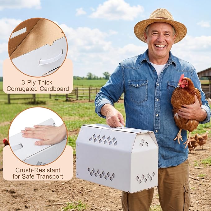 6 Pack Single Live Chicken Shipping Box, 17.7"L x 7.8"W x 11.8"H Cardboard Live Bird Carrier Box with Ventilation Holes Handle, Thickened Corrugated Paper for Poultry, Pets, Animals(White)
