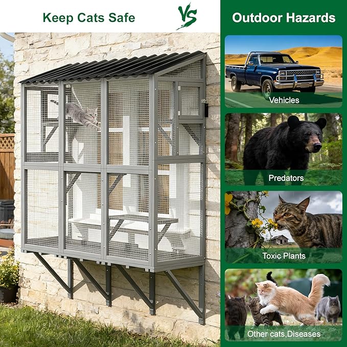 Window Box Enclosure, All-Weather Cat Catio for Multiple Indoor Cats, Wooden Window Catio with 4 Platforms & 3 Doors, Expandable Pet Perch House for Sunbathing