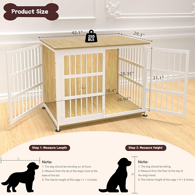 42'' Dog Crate Furniture Large Breed Dog Crate Dog Kennels for Inside Wooden Dog Crates End Table Heavy Duty Indoor Combination Cage for Medium to Large Dogs Oak