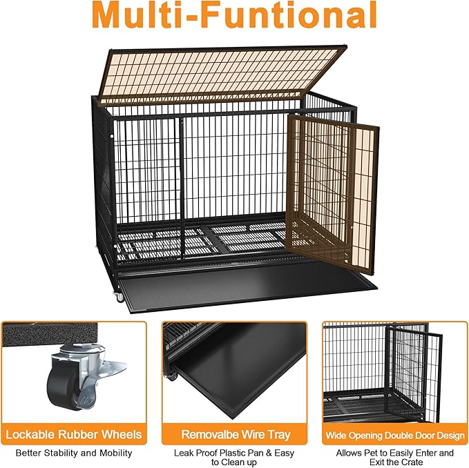 38 inch Heavy Duty Wire Dog Crate Cage Kennel for Large Dogs, High Anxiety Dog Crate with Removable Crate Trays, Wheels and Double Door, Extra Large XL XXL