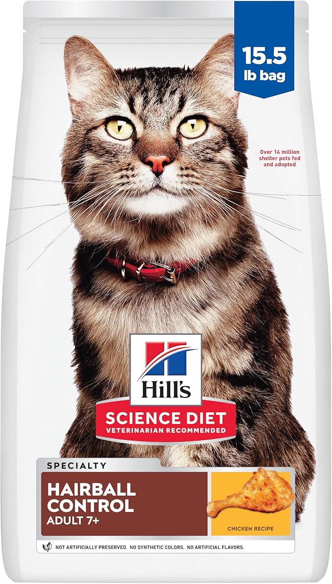 Hill's Science Diet Hairball Control, Senior Adult 7+, Hairball Control Support, Dry Cat Food, Chicken Recipe, 15.5 lb Bag