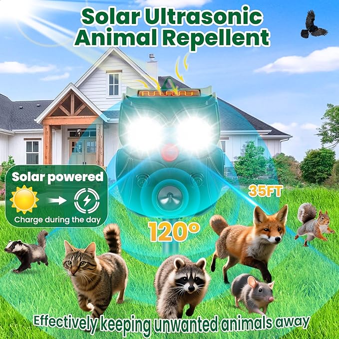 Solar Ultrasonic Animal Repellent Outdoor, 2Pack Waterproof Deer Repellent Devices with RIP Motion Sensor LED Flashing Lights, Cat, Raccoons, Skunks, Rabbits Deer Deterrent Outdoor