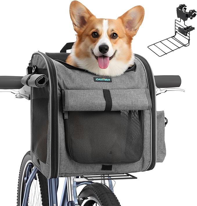 Dog Front Bike Basket 4-in-1 Pet Carrier Backpack & Car Seat, 22lbs Load, Stable L-Shaped Mount for E-Bikes (Display <3.15"), Reflective Waterproof Folding Bicycle Bag for Small Medium Dogs