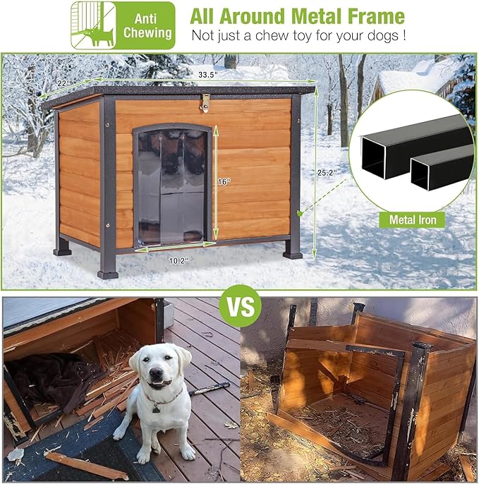 GUTINNEEN Chew Proof Dog House with Metal Iron Frame Outdoor Dog Kennel for Small Medium Large Indoor Dog Cage (33.5" L,Brown Color)