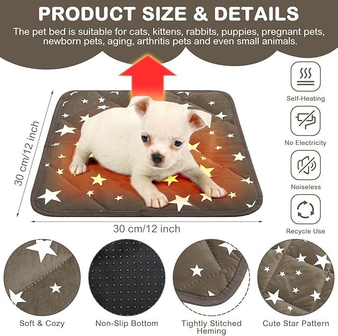 Namalu 4 Pack Self Warming Cat Bed Self Heating Cat Mat Star Pattern Soft Dog Crate Pad Thermal Pet Mat Anti Slip Kennel Dog Washable Warming Bed for Outdoor Indoor(12 x 12 Inch,Brown)