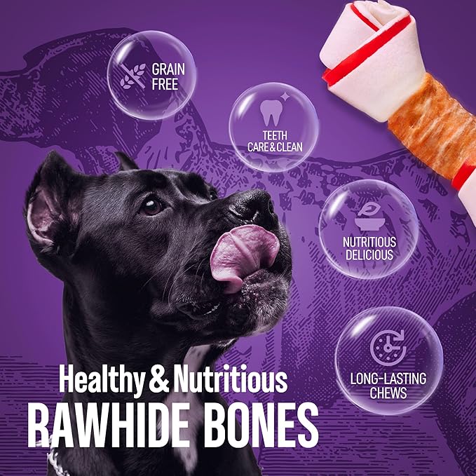 PETPHABET Chicken Wrapped Rawhide Dog Bones, 5-5.5 Inch Long Lasting Dog Chew Treats for Medium & Large Dogs, 5 Count Beefhide Dog Snacks for Training Healthy Chewing, Knotted Dog Bones High Protein
