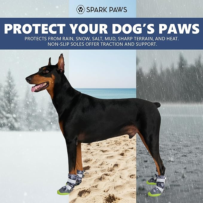 Spark Paws Dog Shoes, Waterproof Dog Boots for Medium to Large Dogs, Non Slip, Breathable Dog Booties and Paw Protectors - 4PCS Doggie Hiking Boots with Reflective Straps, Gray Camo, Size 2