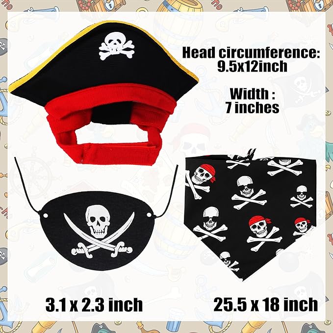 Cat Pirate Costume - Pet Hat, Skull Triangle Bandana, Halloween for Dogs Cats With Captain Headwear and Party Necklace