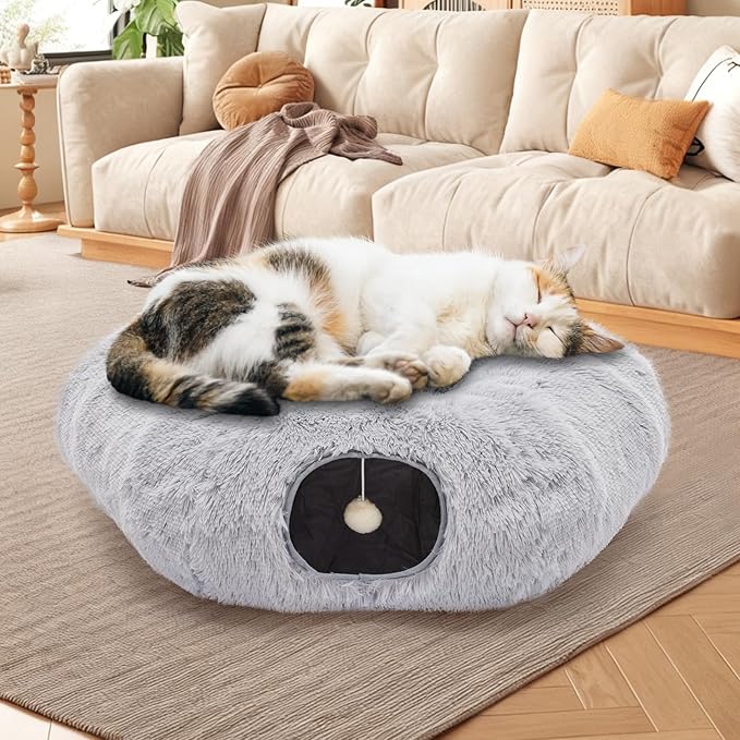 Cat Tunnels for Indoor Cats, Cute Donut Turnel Toys for Small Large Cats with Washable Circle Cushion，3-in-1 Foldable Playground & Cozy Cave Bed for, Kittens Puppy Rabbits