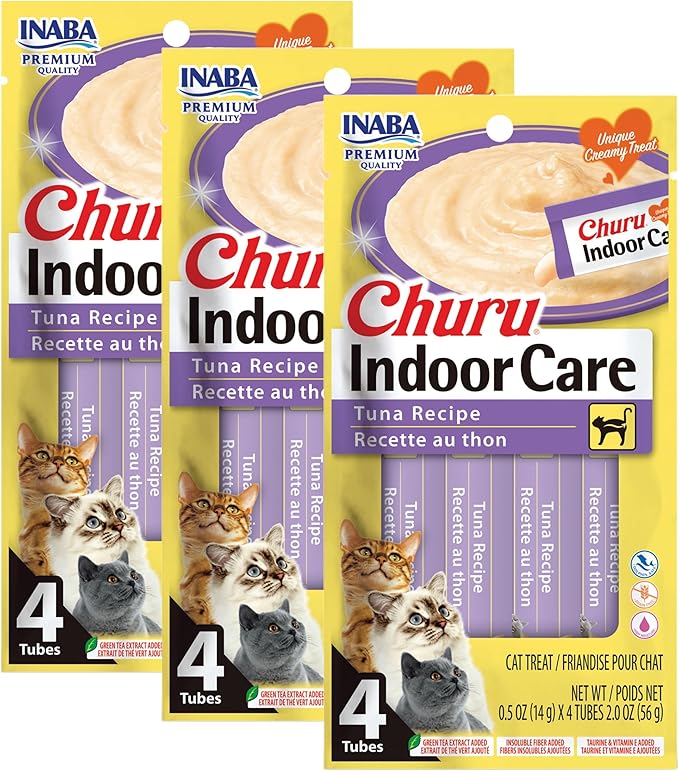 INABA Churu for Cats, Functional, Creamy Lickable Purée Cat Treat for Indoor Care and Hairball Control with Taurine & Vitamin E, 0.5 Ounces Each, 12 Tubes (4 per Pack), Tuna Recipe